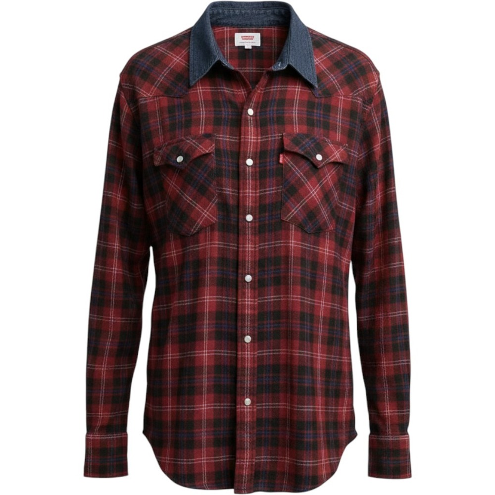 Levi's Western Plaid Flannel Shirt Red Black Denim Collar Snap Front Large
